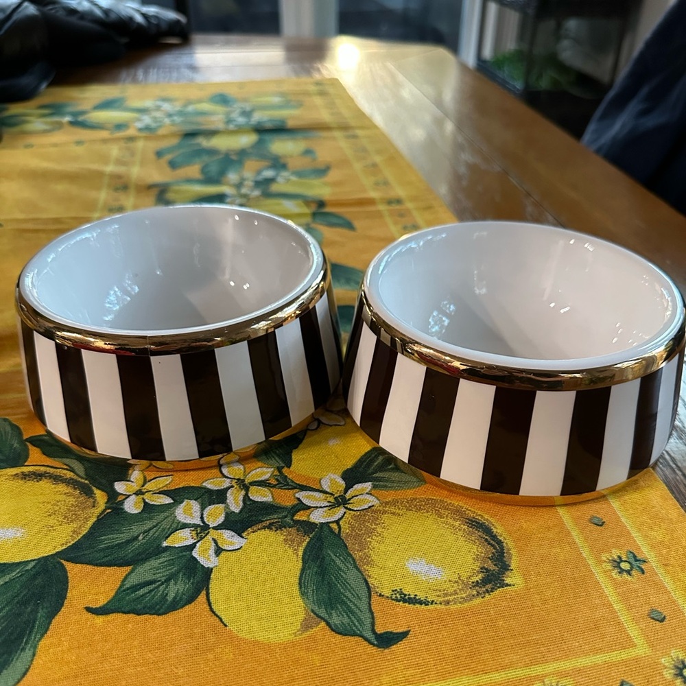 Vintage Henri Bendel Centennial Stripe and Gold Rimmed Pet Bowl Pair in EUC